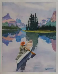 Peinture, aquarelle, Canoë, lac