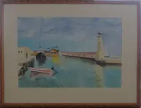 vente, tableau, peinture, aquarelle, Crète, port,